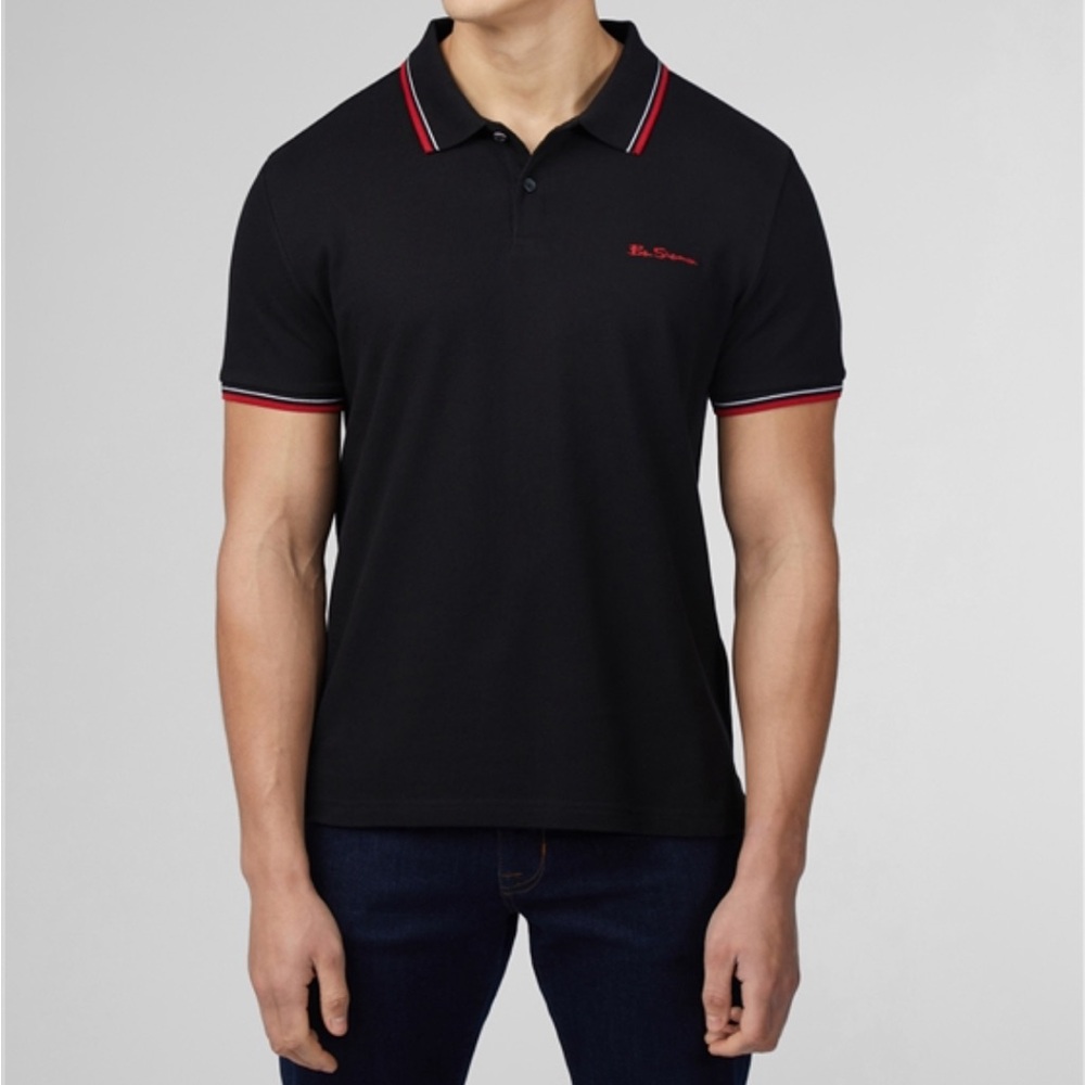 Mod Men's Ben Sherman Black Polo Shirt With Red and White Stripe Trim